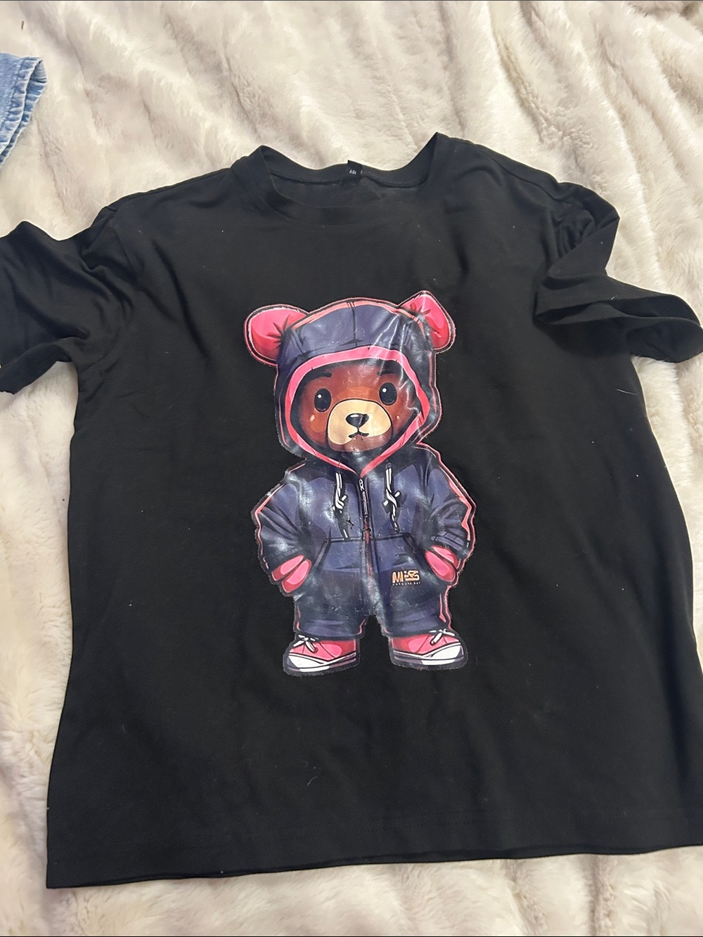 Kids Black Graphic Tee with Bear Hoodie Print